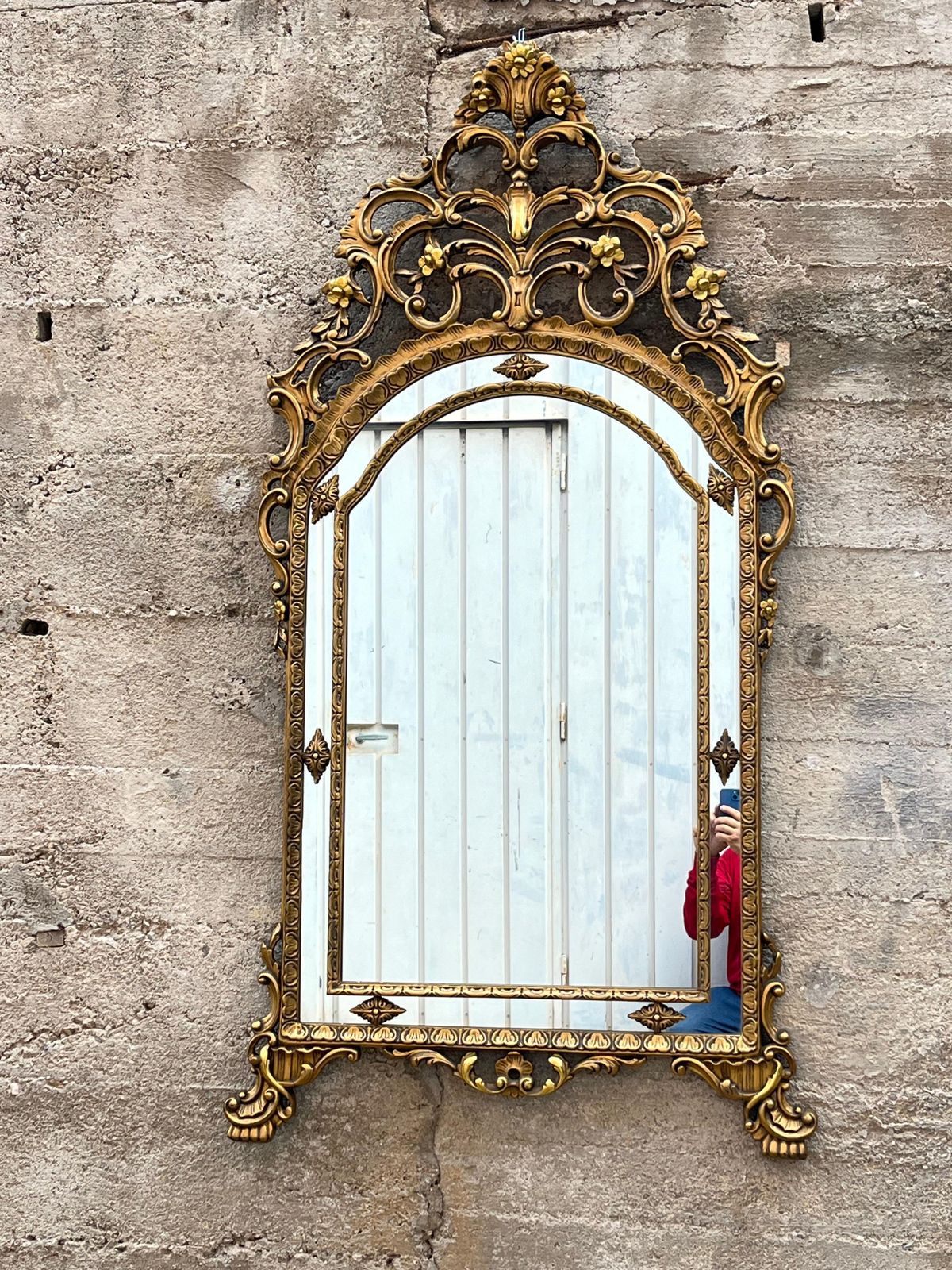 Large Mid Century French Golden Wood Wall Mirror, 1950s photo furniture