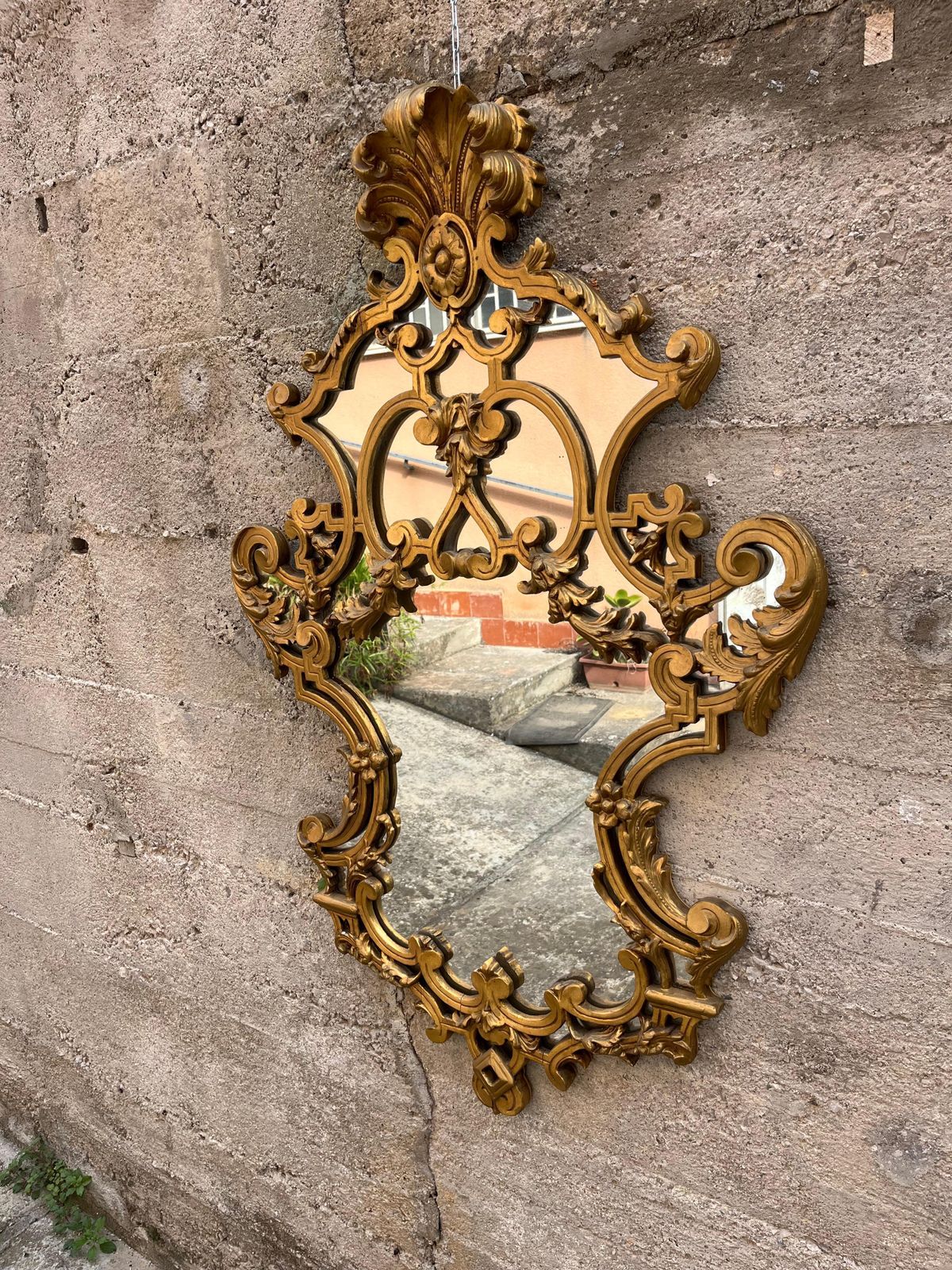 photo for sale Particular Mid Century French Wall Mirror In Gilded Wood, 1950s