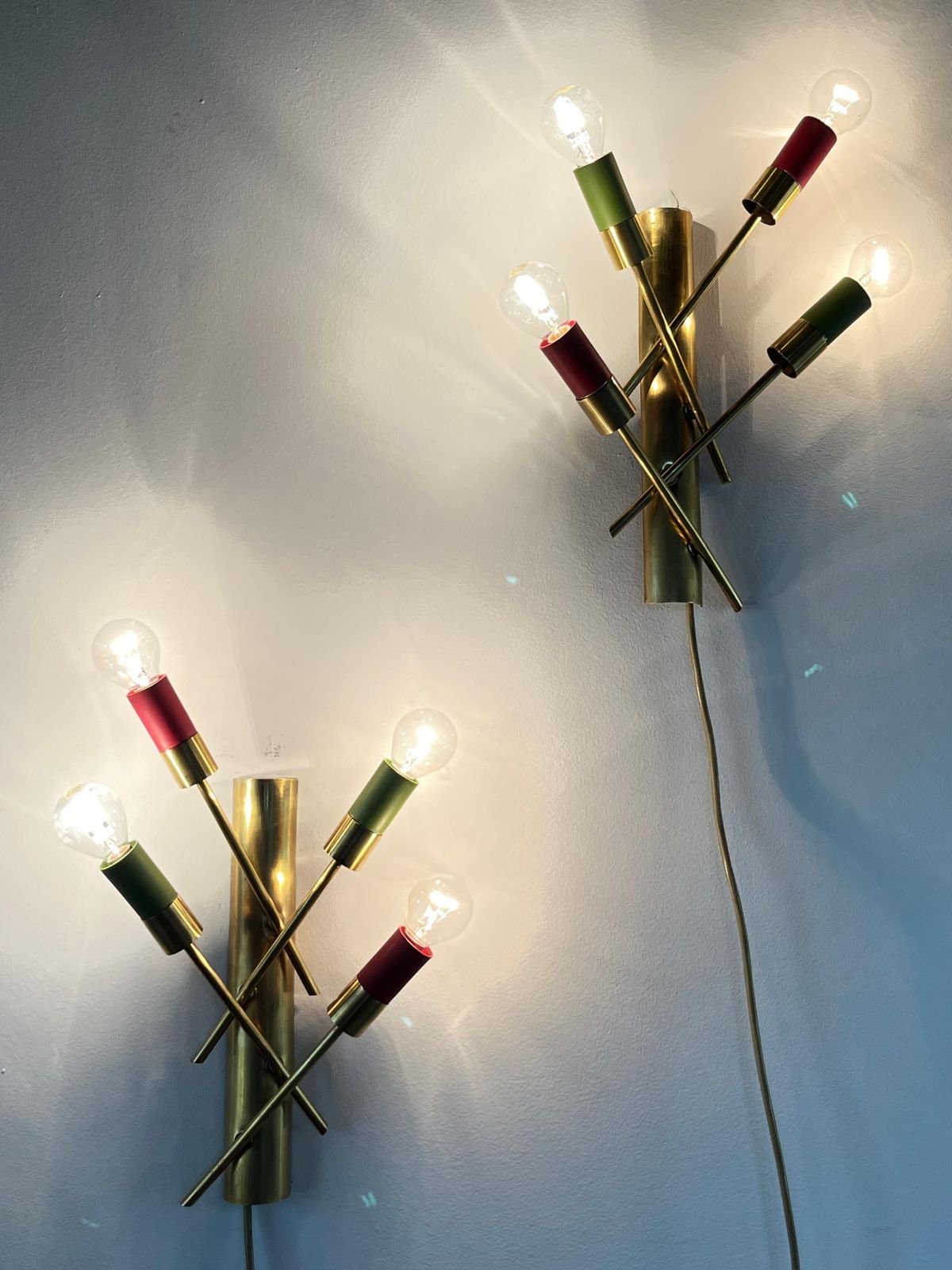 Lrare Pair Of Brass Wall Lamps, 1950s With 4 Lights, Italian Production photo furniture