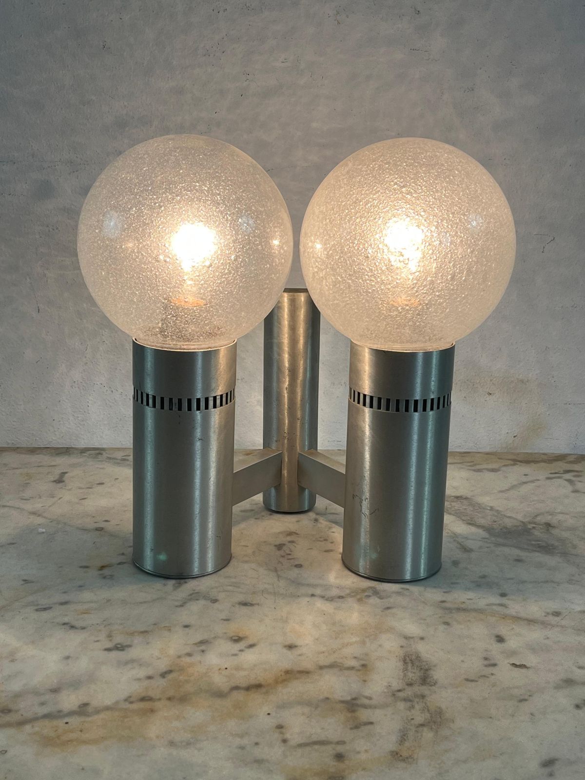 2 Light Brushed Steel And Glass Wall Lamp, Made In Italy 1970s photo furniture