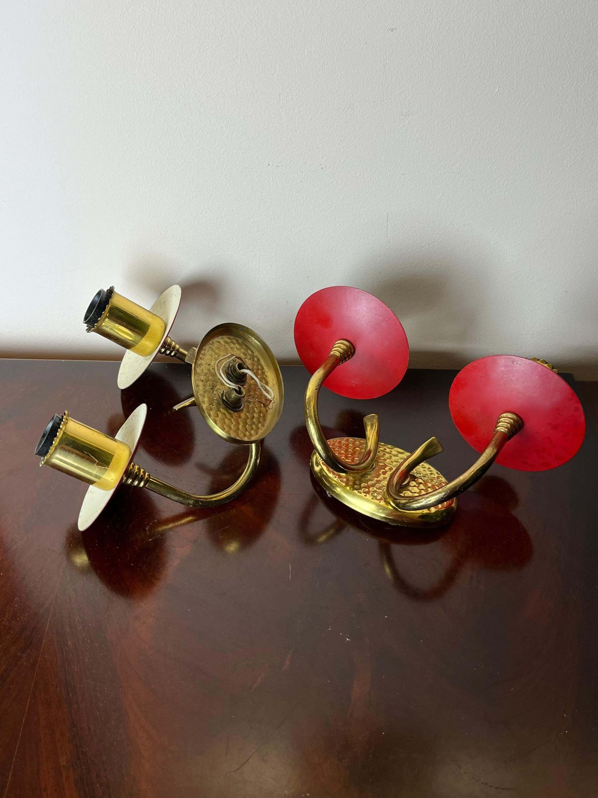 Set Of 2 Wall Lamps In Brass And Colored Aluminium, Made In Italy, 1950s photo furniture