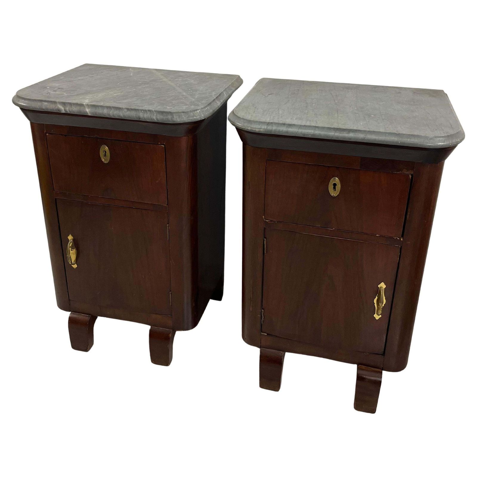 Set Of 2 Little Mid Century Italian Gray Marble Top Nightstands, 1940s