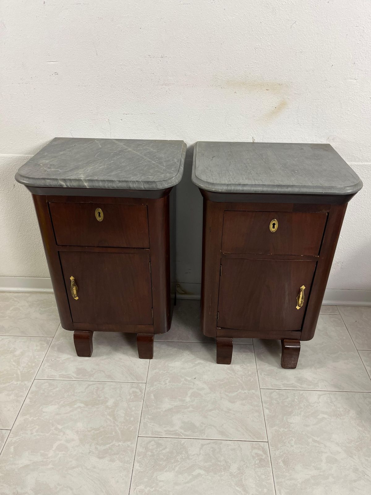 Set Of 2 Little Mid Century Italian Gray Marble Top Nightstands, 1940s photo furniture