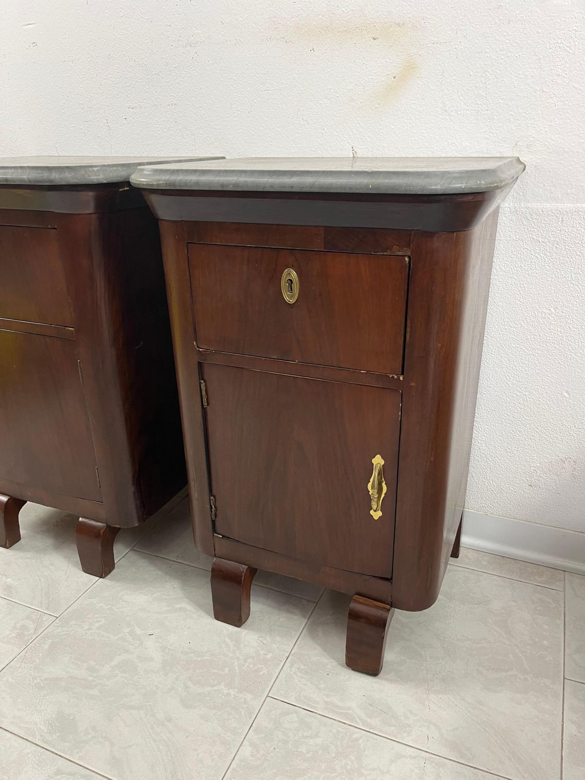 Set Of 2 Little Mid Century Italian Gray Marble Top Nightstands, 1940s photo Furniture