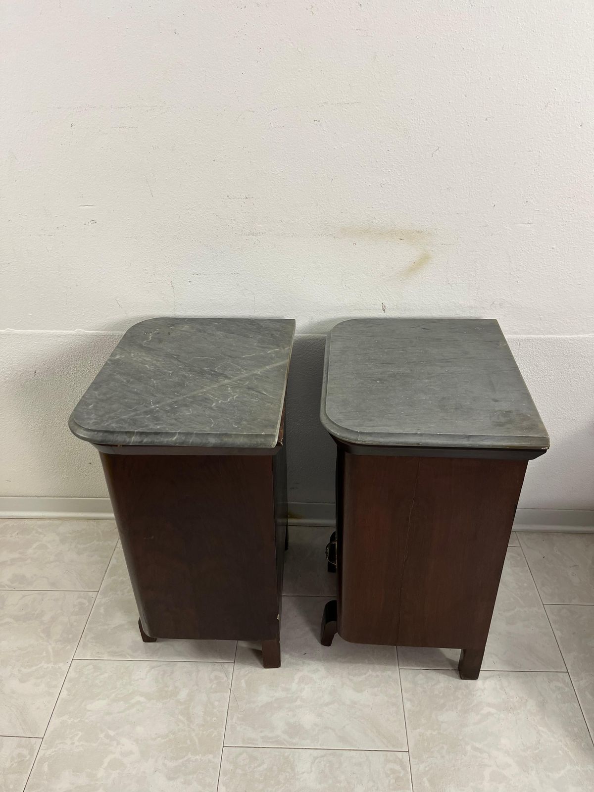 Set Of 2 Little Mid Century Italian Gray Marble Top Nightstands, 1940s photo vintage