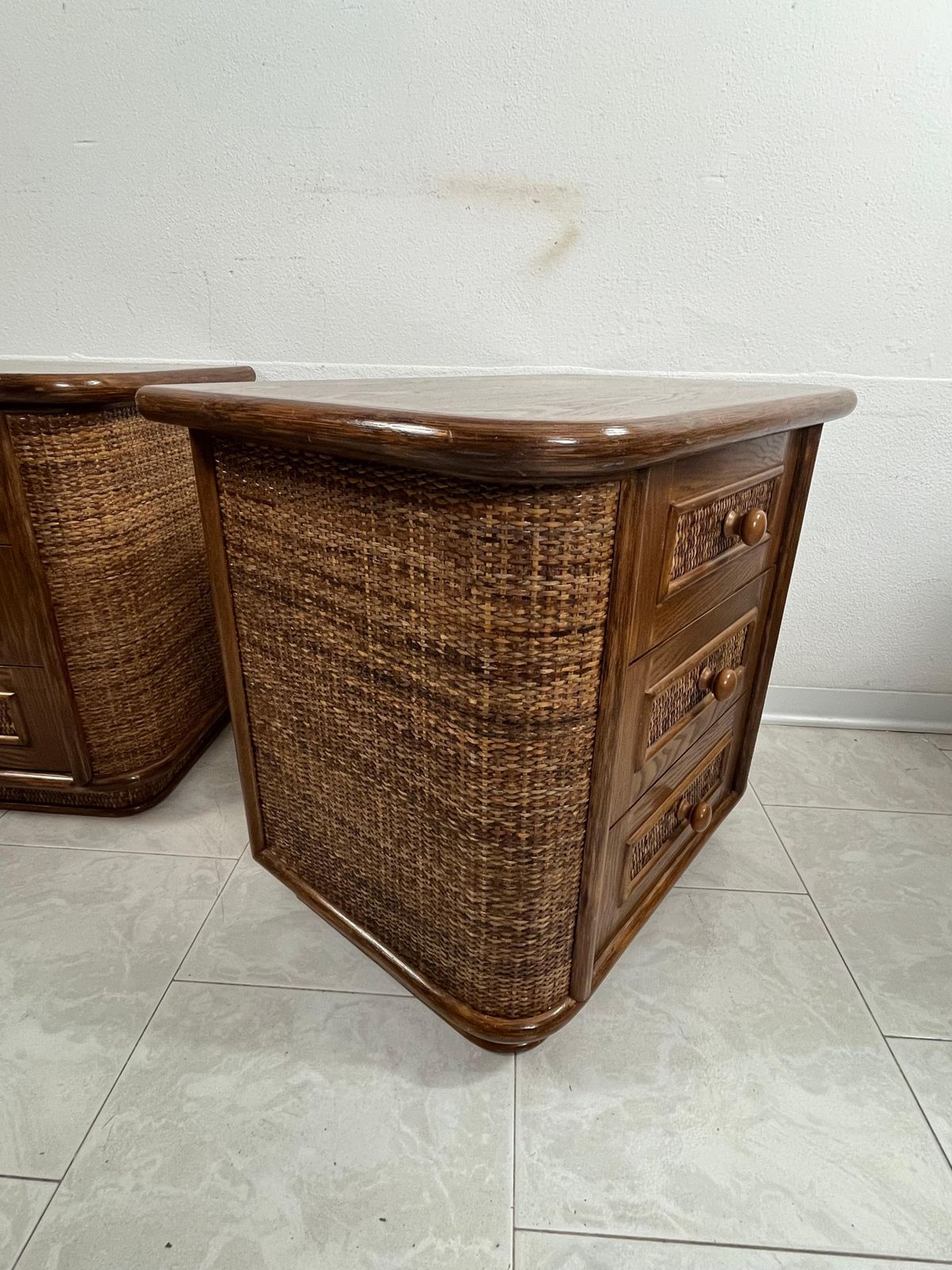 Set Of 2 Wood And Rattan Bedside Tables, Made In Italy 1970s photo for sale