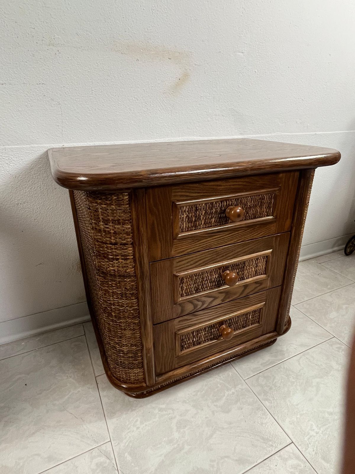 Set Of 2 Wood And Rattan Bedside Tables, Made In Italy 1970s photo 1878.0