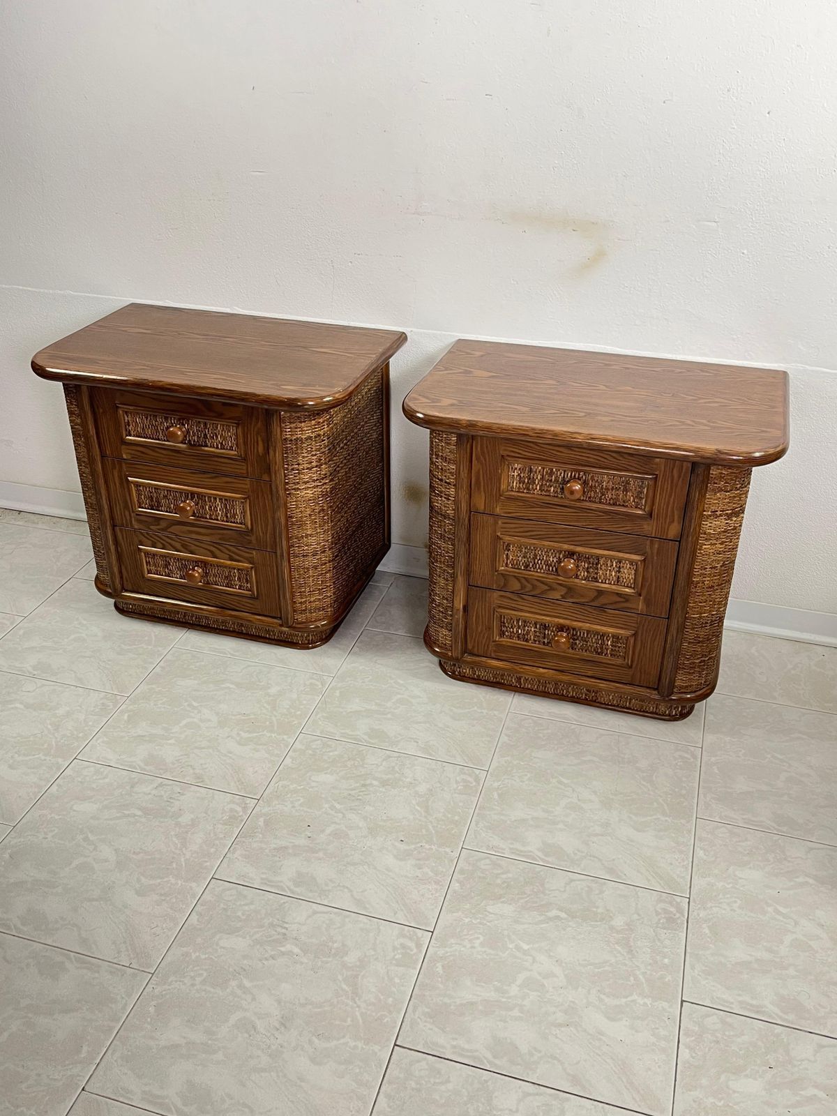Set Of 2 Wood And Rattan Bedside Tables, Made In Italy 1970s photo buy