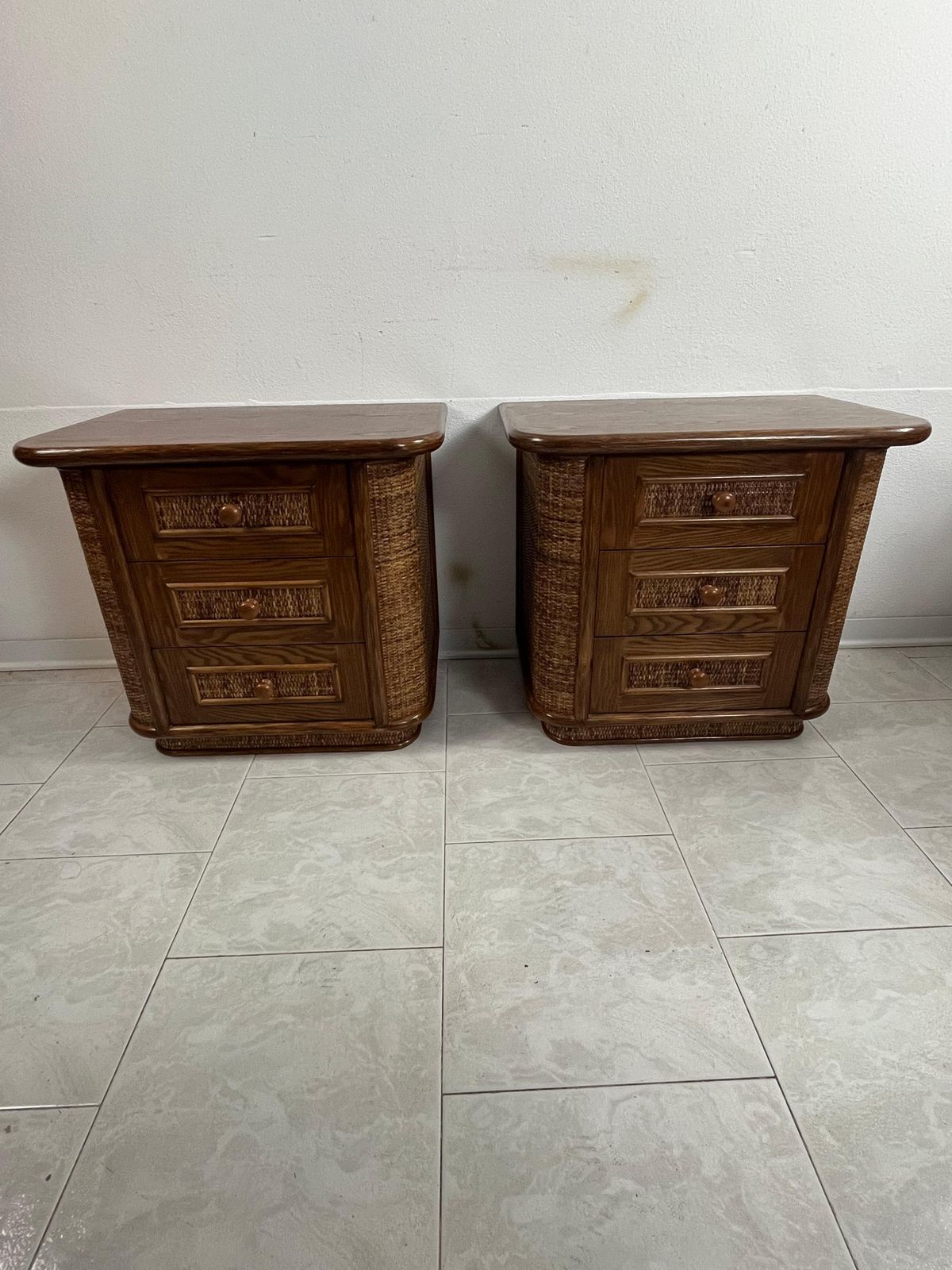 Set Of 2 Wood And Rattan Bedside Tables, Made In Italy 1970s photo vintage