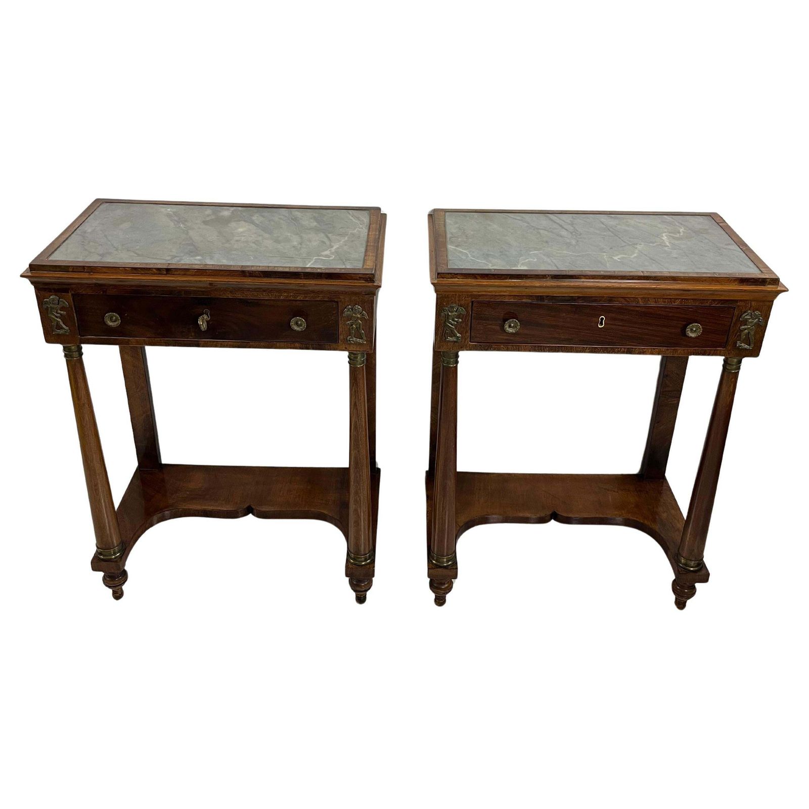 Set Of 2 Mid Century Italian Marble Top Nightstands, 1940s