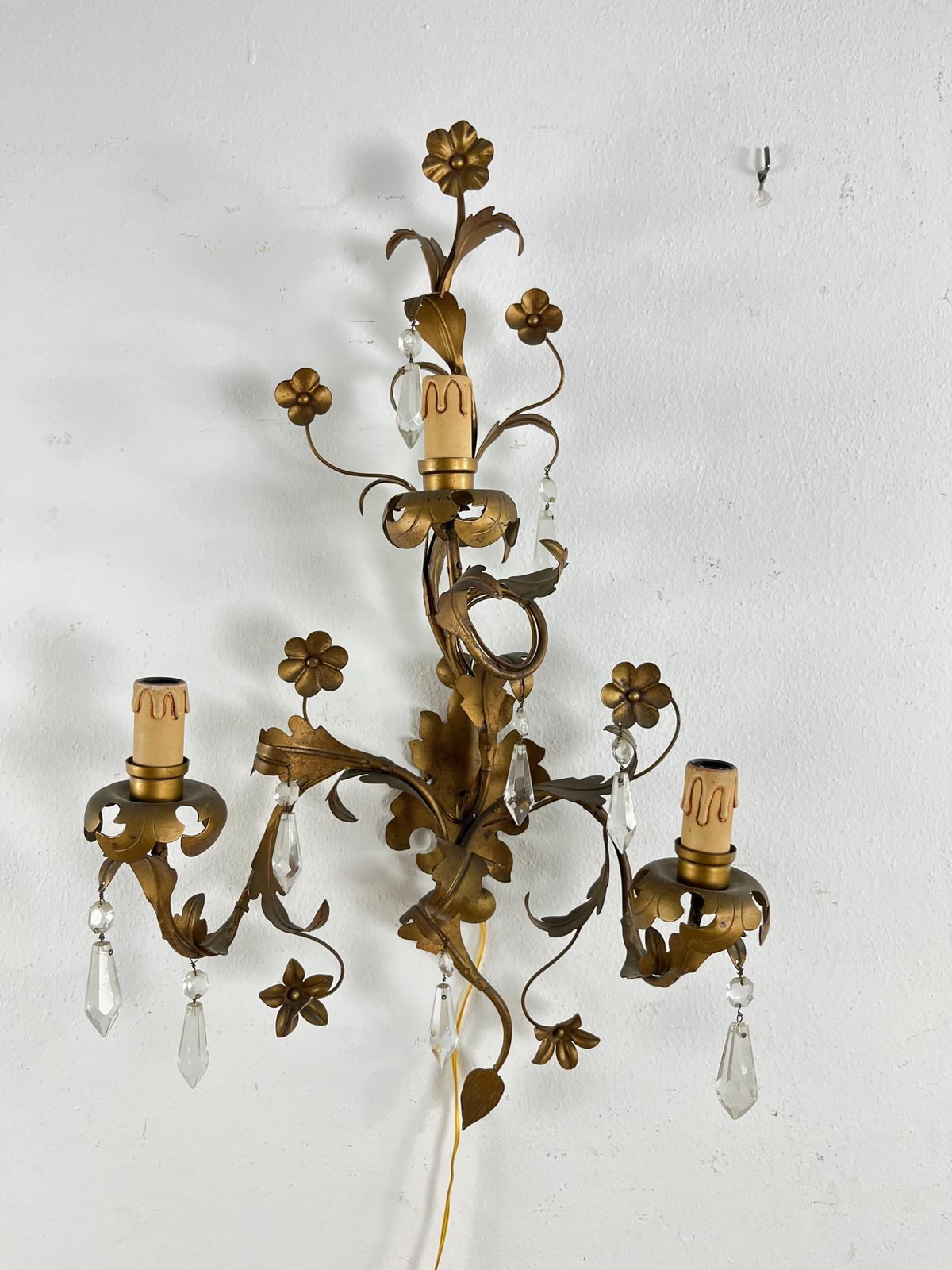 Set Of 2 Mid Century French Wrought Iron And Crystal Wall Lamps, 1950s photo furniture