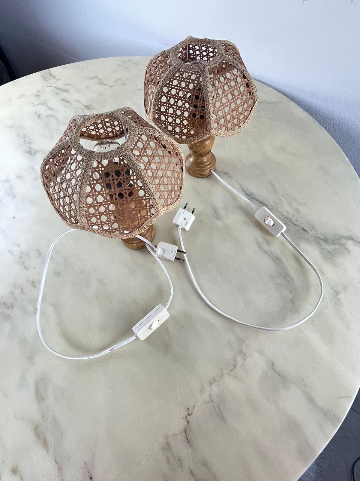 Pair Of Mid Century French Riviera Table Lamps In Wicker And Rattan 1960s photo buy