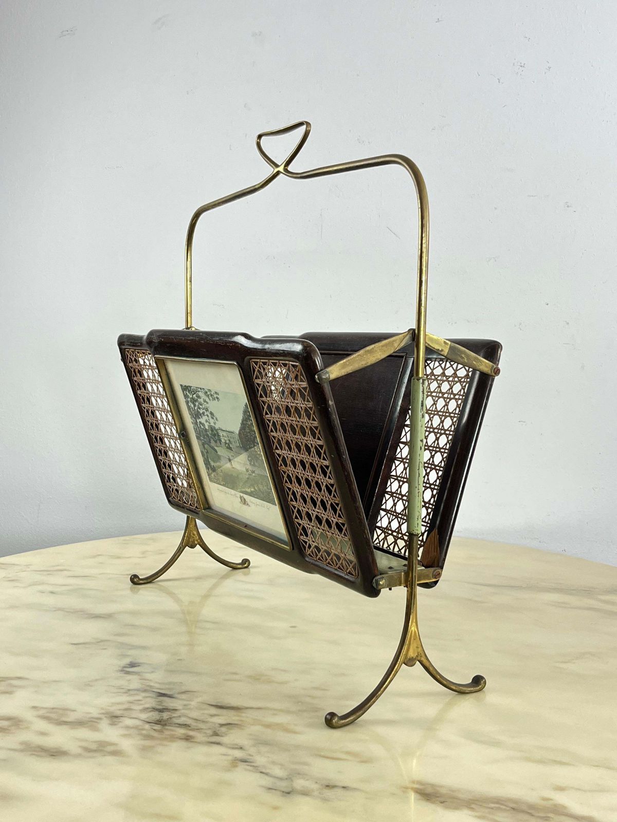 Mid Century Folding Magazine Rack In Brass, Wood And Vienna Straw, 1940s photo 696.0