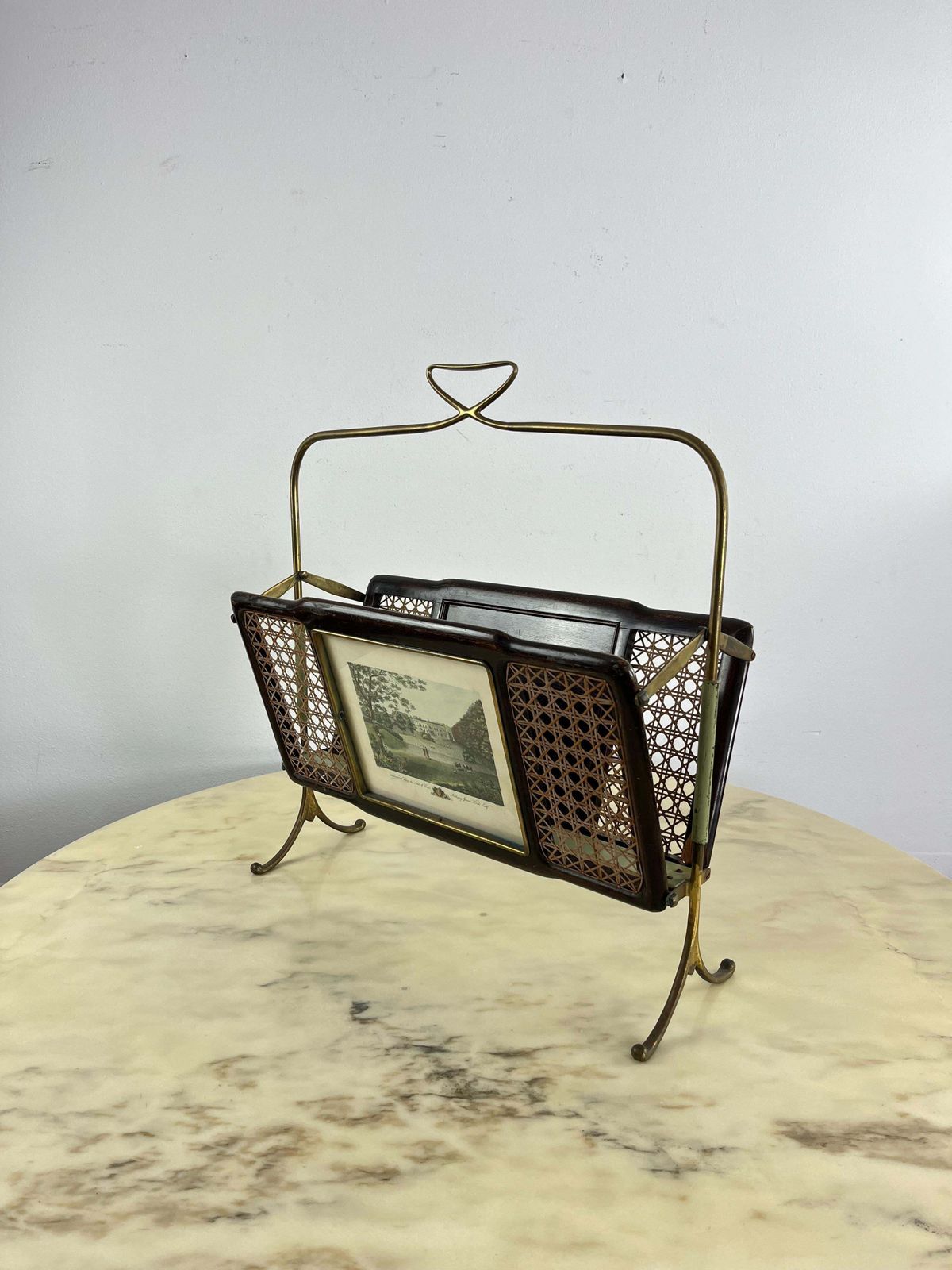 Mid Century Folding Magazine Rack In Brass, Wood And Vienna Straw, 1940s photo vinterior