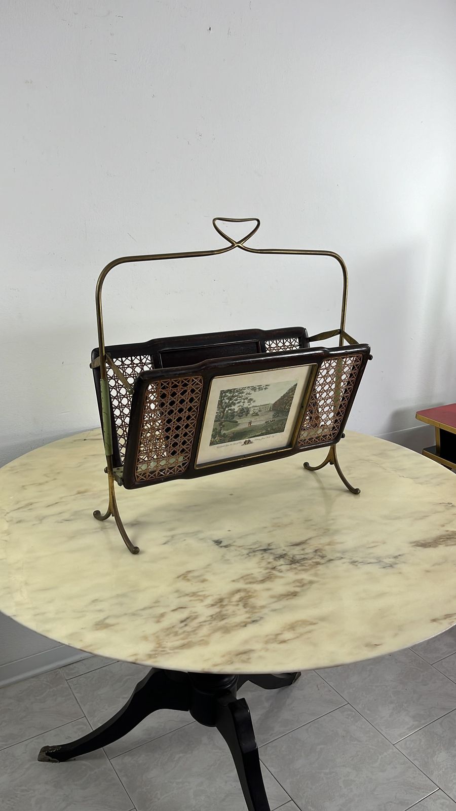 Mid Century Folding Magazine Rack In Brass, Wood And Vienna Straw, 1940s photo vintage