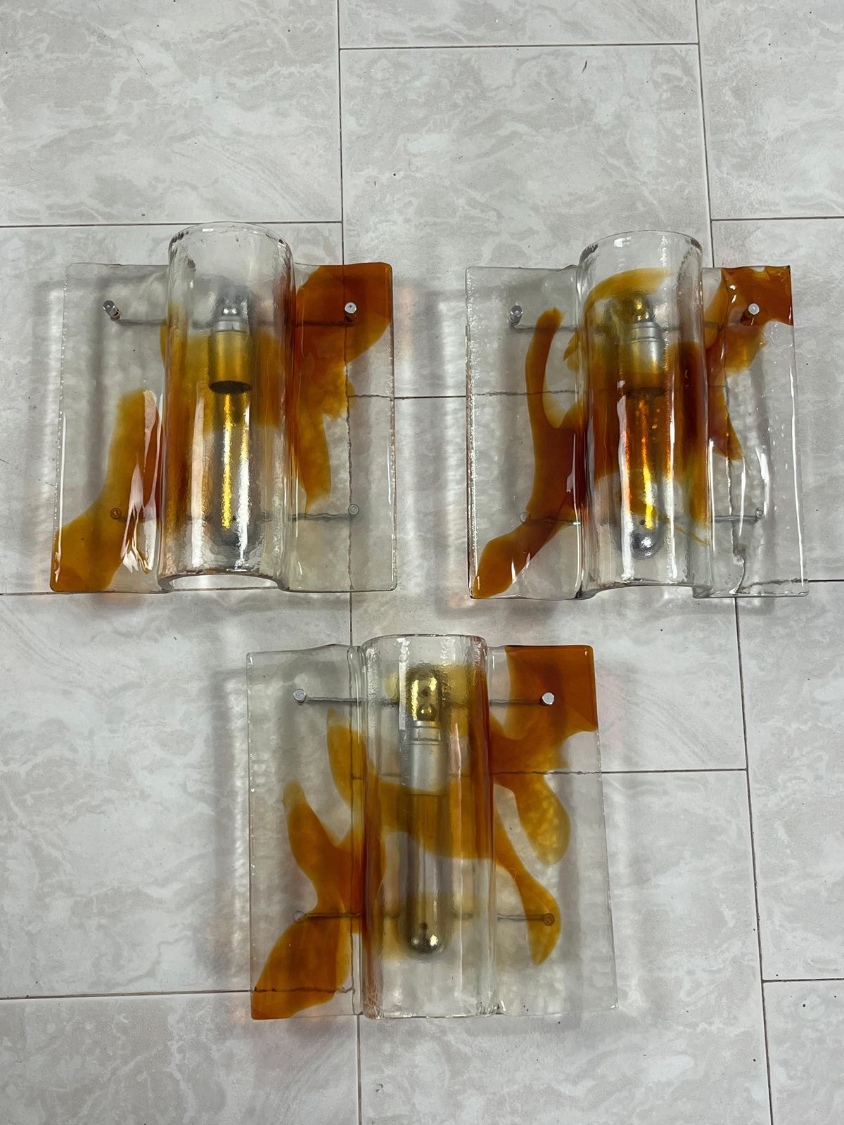 Set Of 3 Large Mid Century Murano Glass Wall Lamps, 1960s photo vinterior