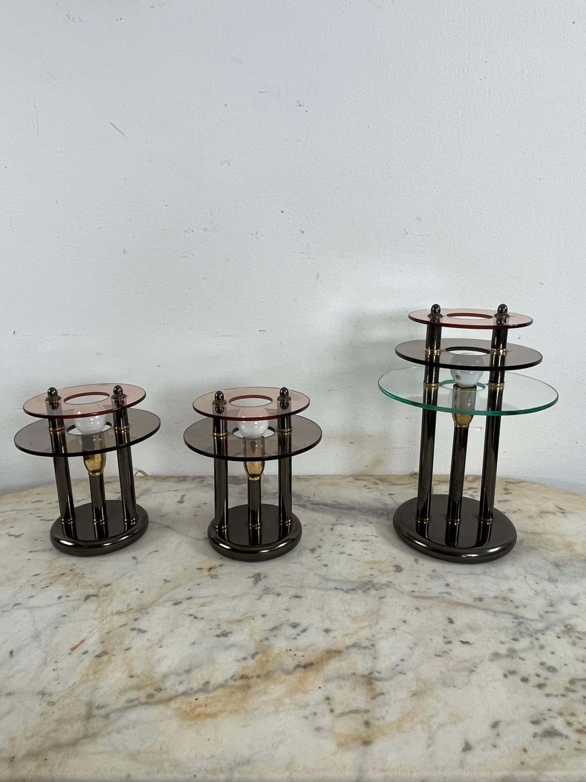 Set Of 3 Bedroom Lamps In Metal And Colored Murano Glass, 1980s photo vinterior