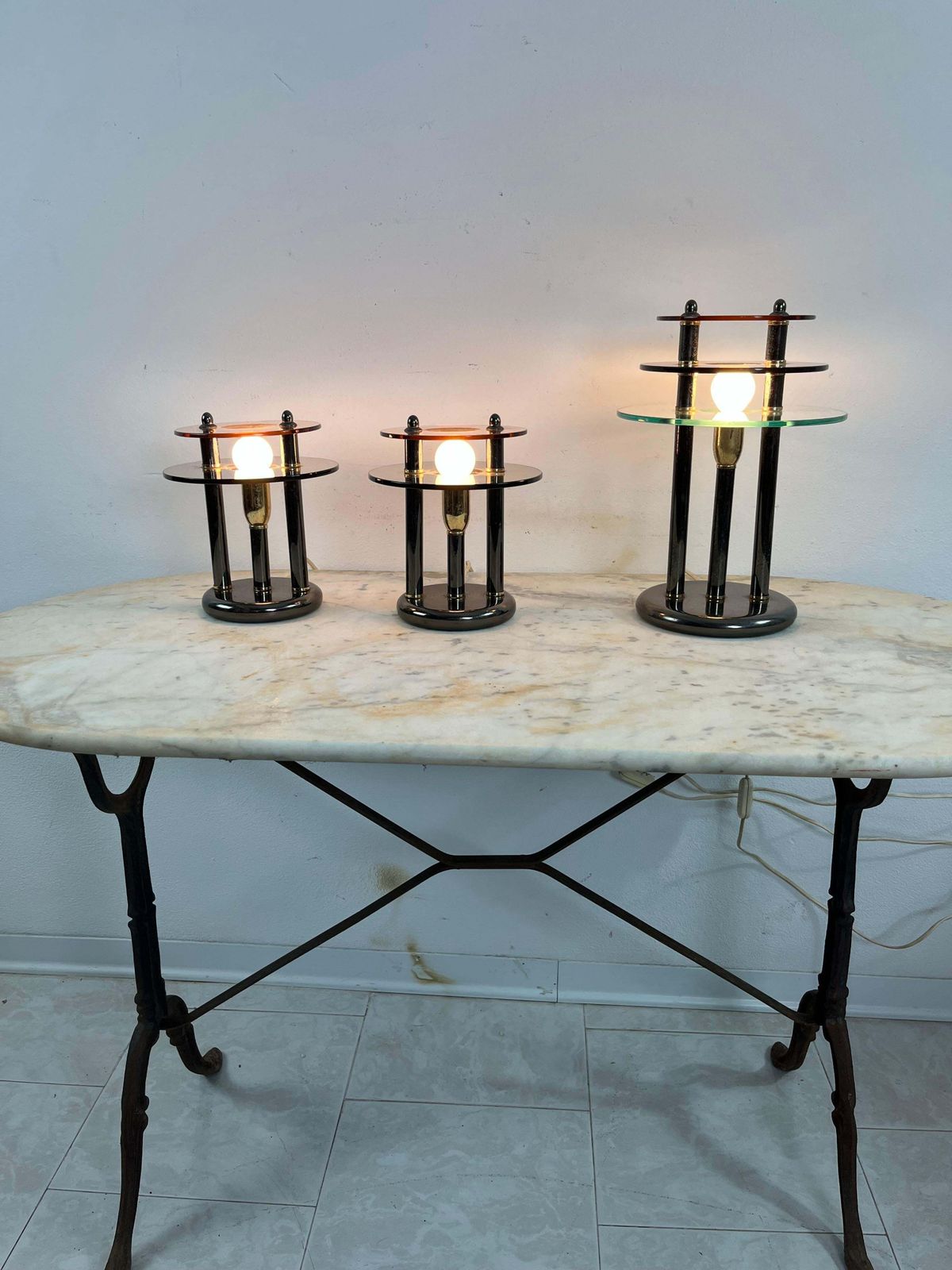 Set Of 3 Bedroom Lamps In Metal And Colored Murano Glass, 1980s photo buy