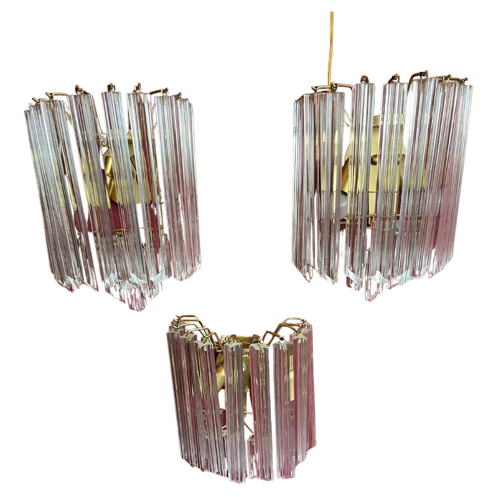 Set Of 3 Mid Century Murano Glass Trefoil Wall Lamps Attributed To Venini, 1950s