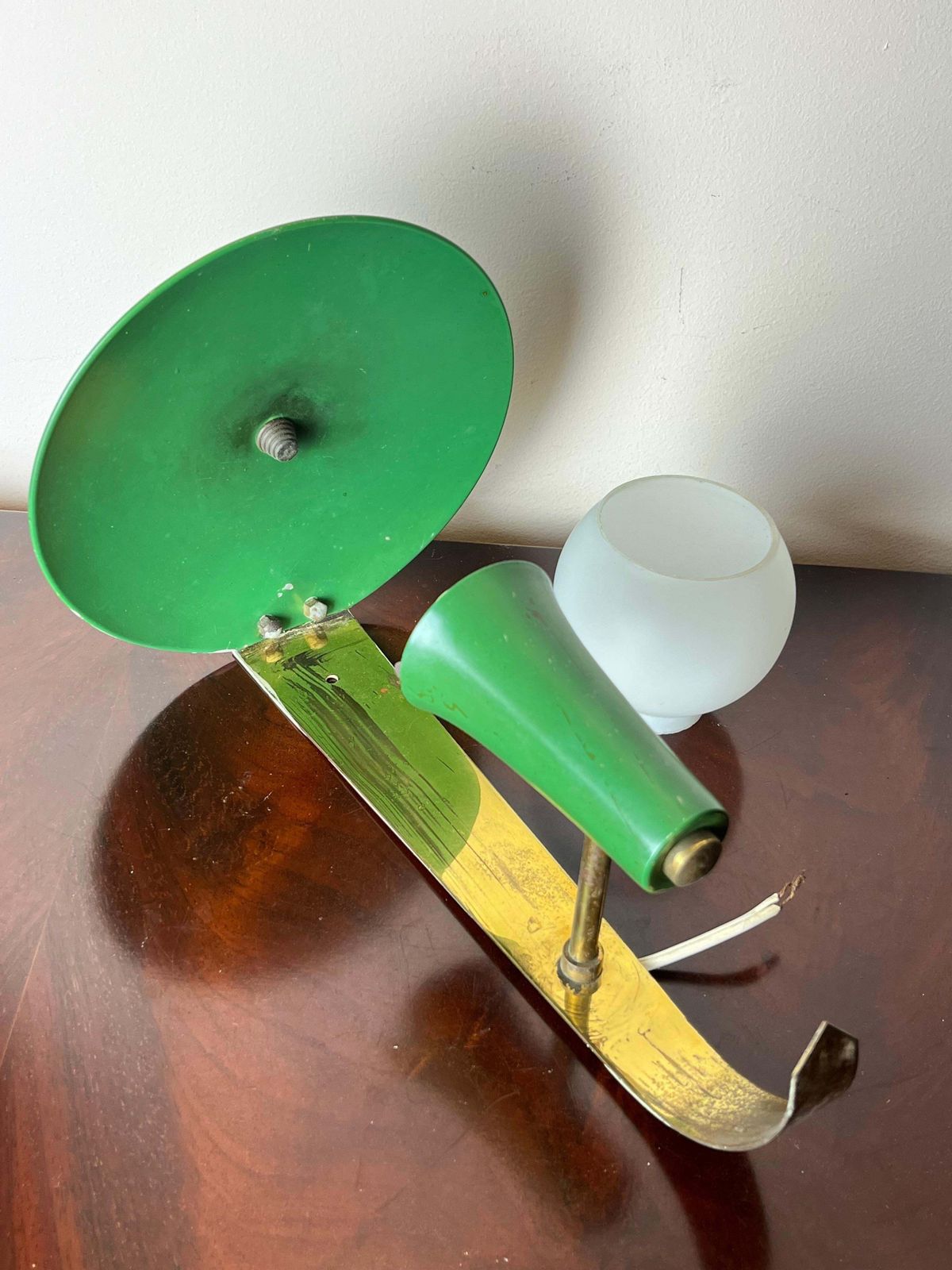 Italian Wall Lamp In Brass And Green Aluminium, Opaline Glass Bowl, 1950s photo furniture