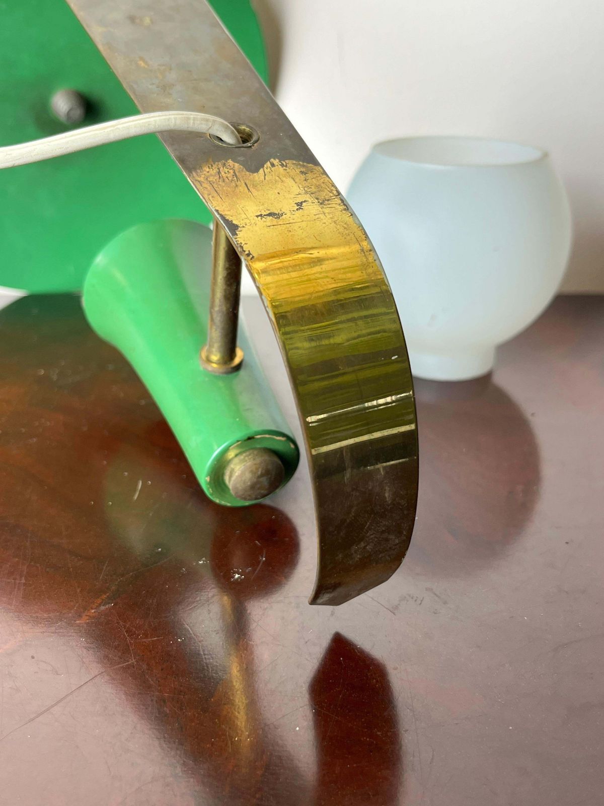 Italian Wall Lamp In Brass And Green Aluminium, Opaline Glass Bowl, 1950s photo Lighting