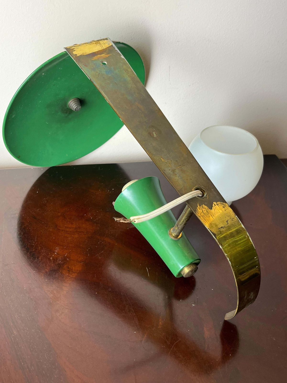 Italian Wall Lamp In Brass And Green Aluminium, Opaline Glass Bowl, 1950s photo 598.0
