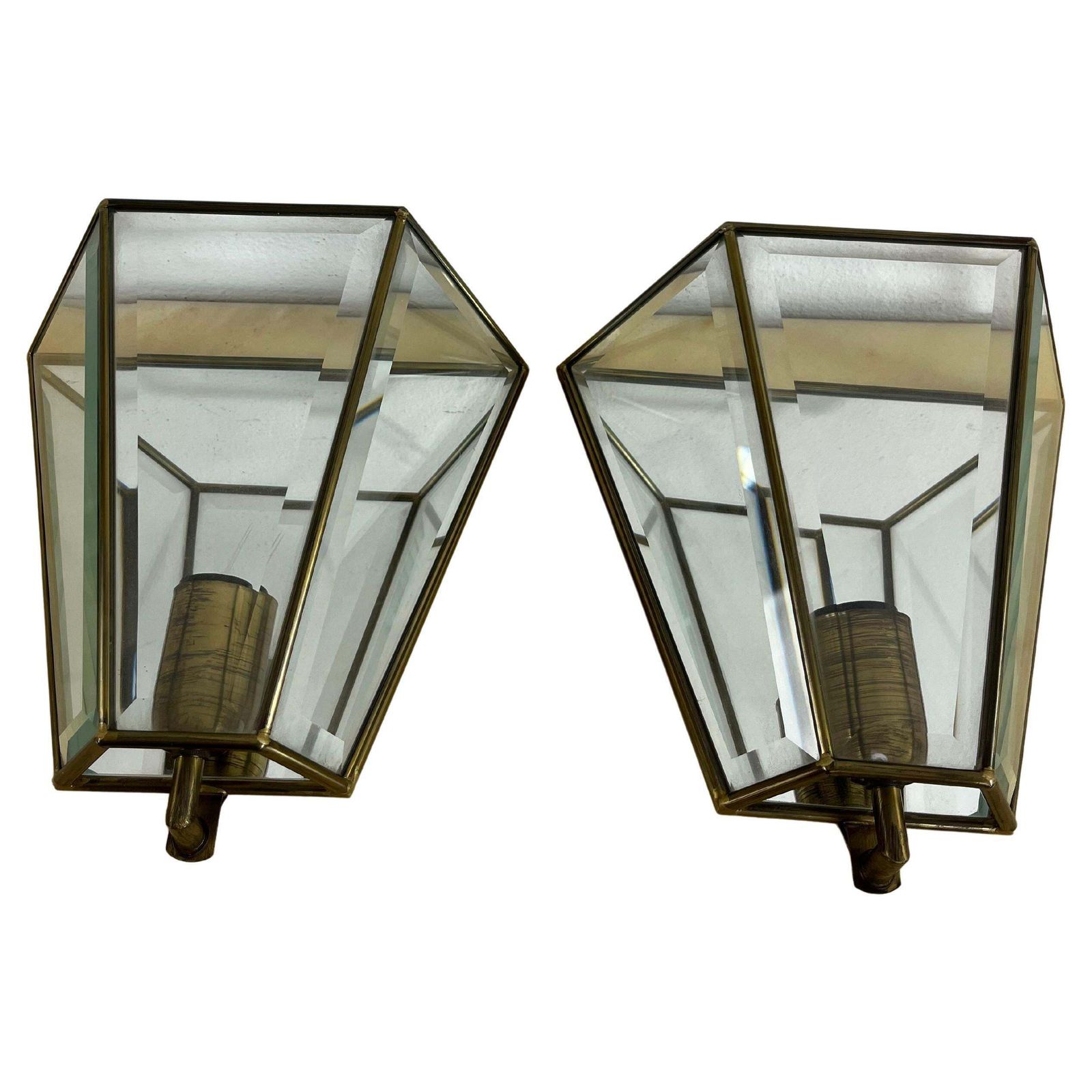 Set Of 2 Mid Century Brass Glass Mirror Wall Lamps, Made In Italy 1950s