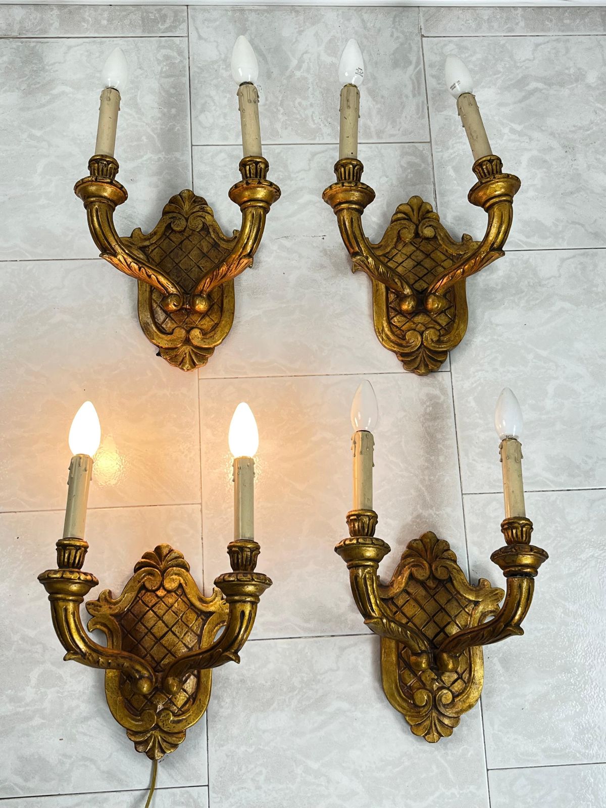 Set Of 4 Mid Century Hand Carved Gilt Wood Wall Lamps 1960s photo for sale
