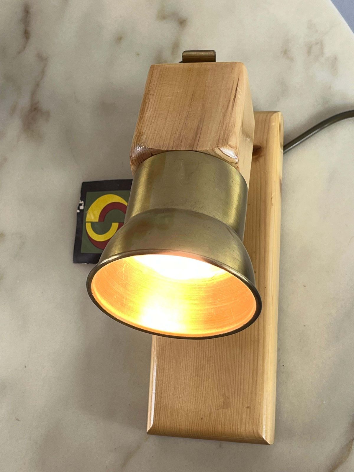 Set Of 7 Mid Century Wood And Brass Wall Lamps Italian Design 1960s photo vintage