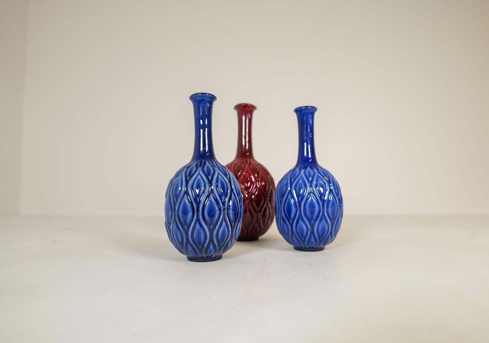 Midcentury Blue And Red Peacock Vases Sven Erik Skawonius Upsala Ekeby, 1950s photo furniture