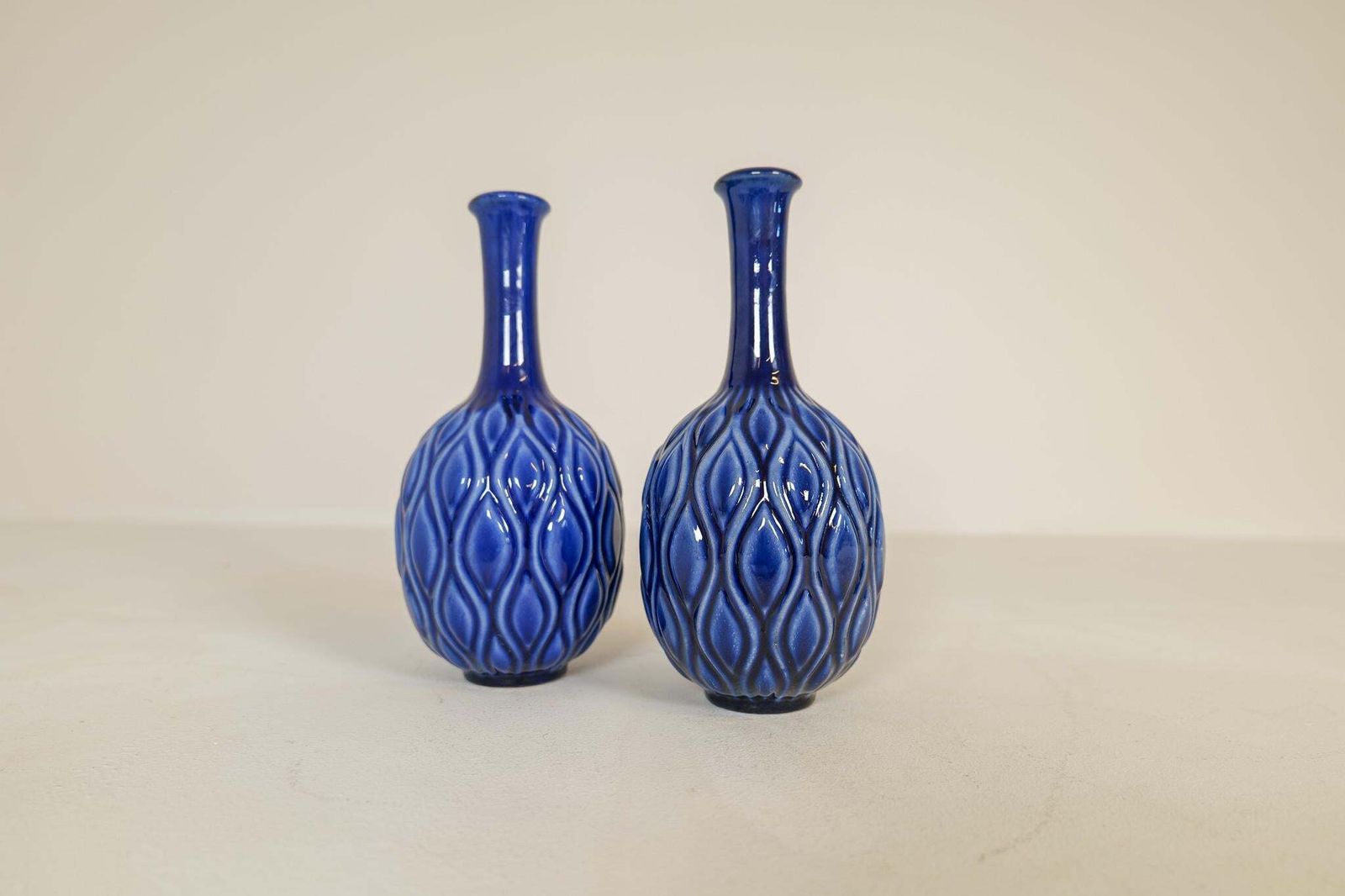 photo for sale Midcentury Blue And Red Peacock Vases Sven Erik Skawonius Upsala Ekeby, 1950s