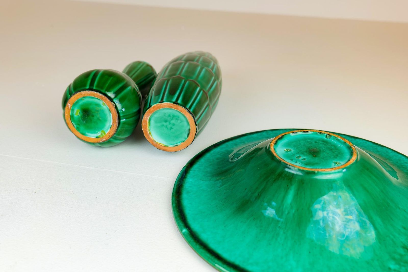 Home Decor Midcentury Green Large Ceramic Vases And Platter/Bowl Upsala Ekeby "Capri" 1950s photo