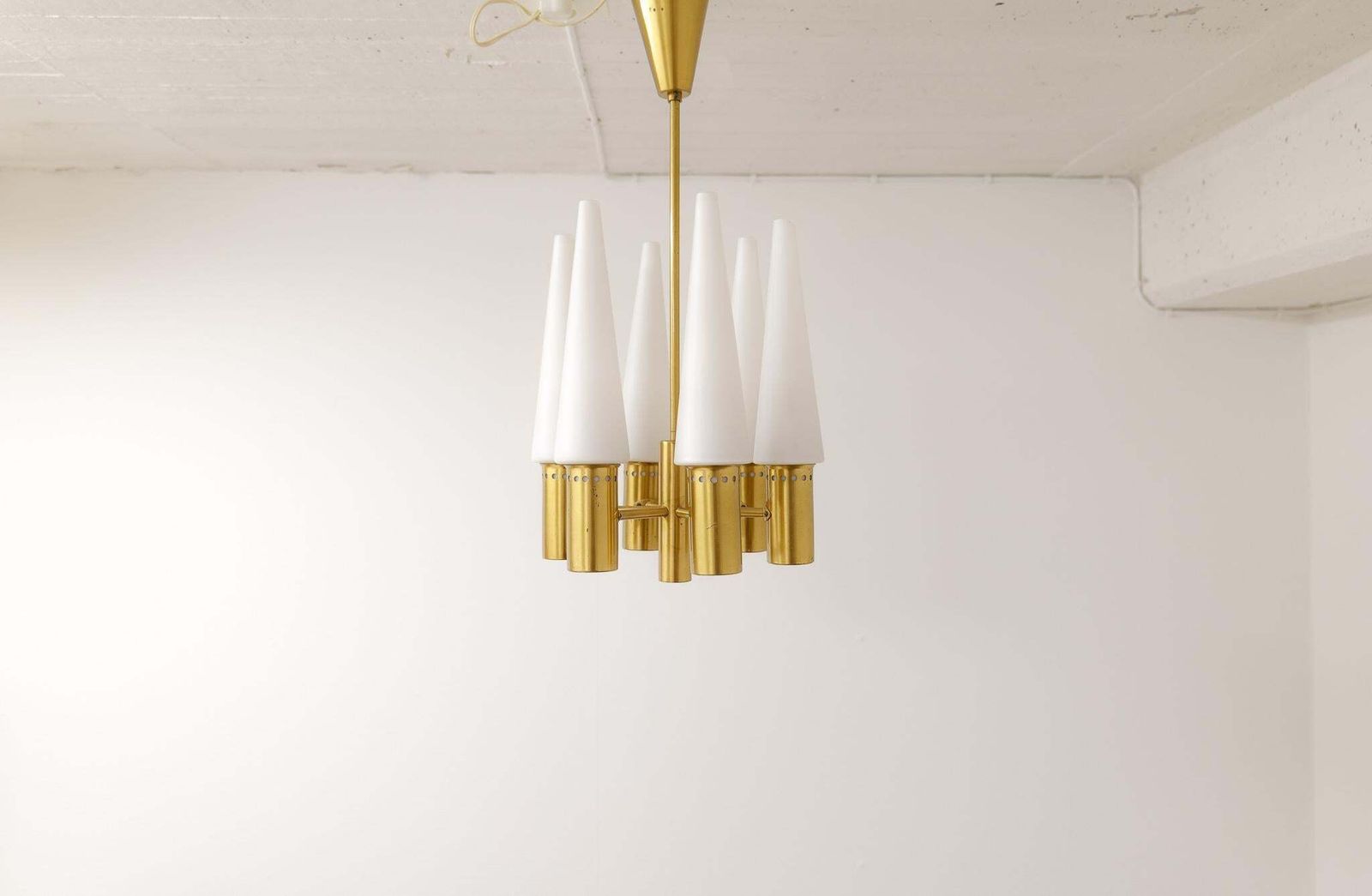 Midcentury Hans Agne Jakobsson Brass And Opaline Ceiling Lamp, Sweden, 1950s photo furniture
