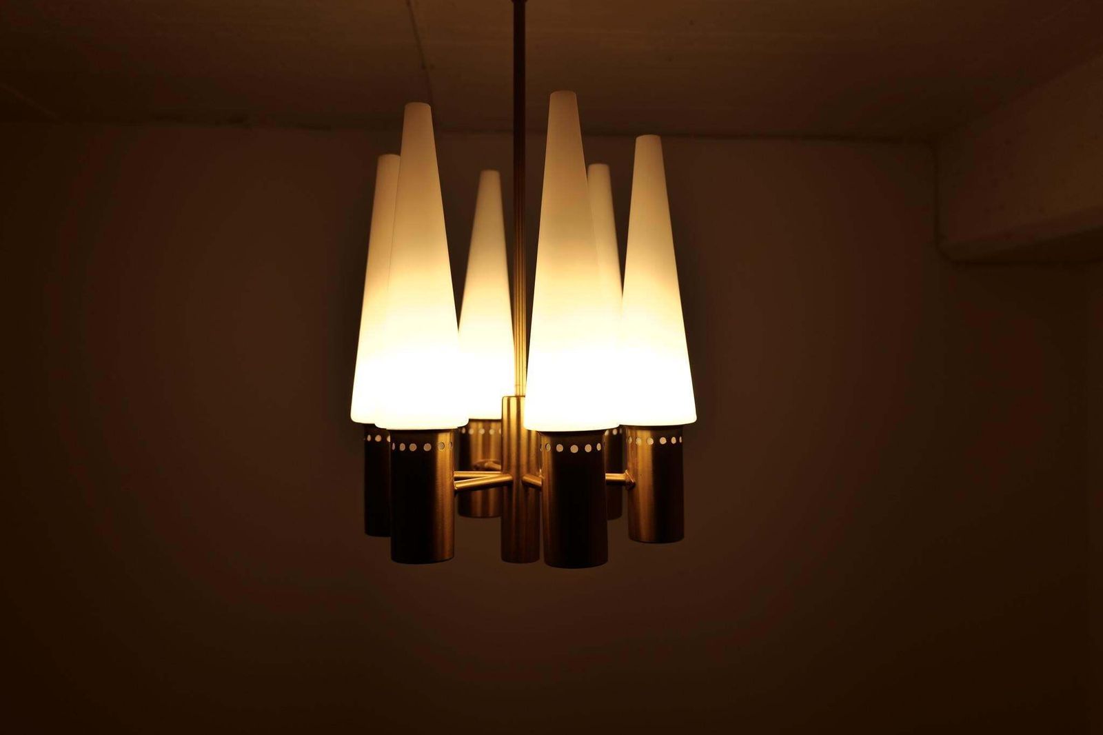 Midcentury Hans Agne Jakobsson Brass And Opaline Ceiling Lamp, Sweden, 1950s photo Lighting