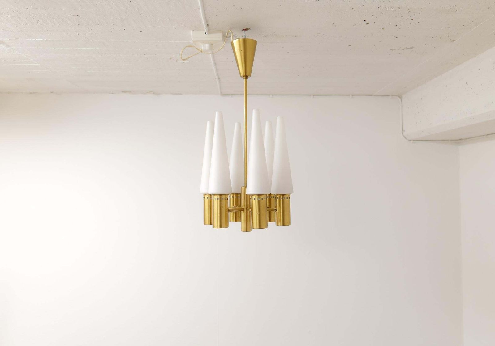 Midcentury Hans Agne Jakobsson Brass And Opaline Ceiling Lamp, Sweden, 1950s photo vinterior
