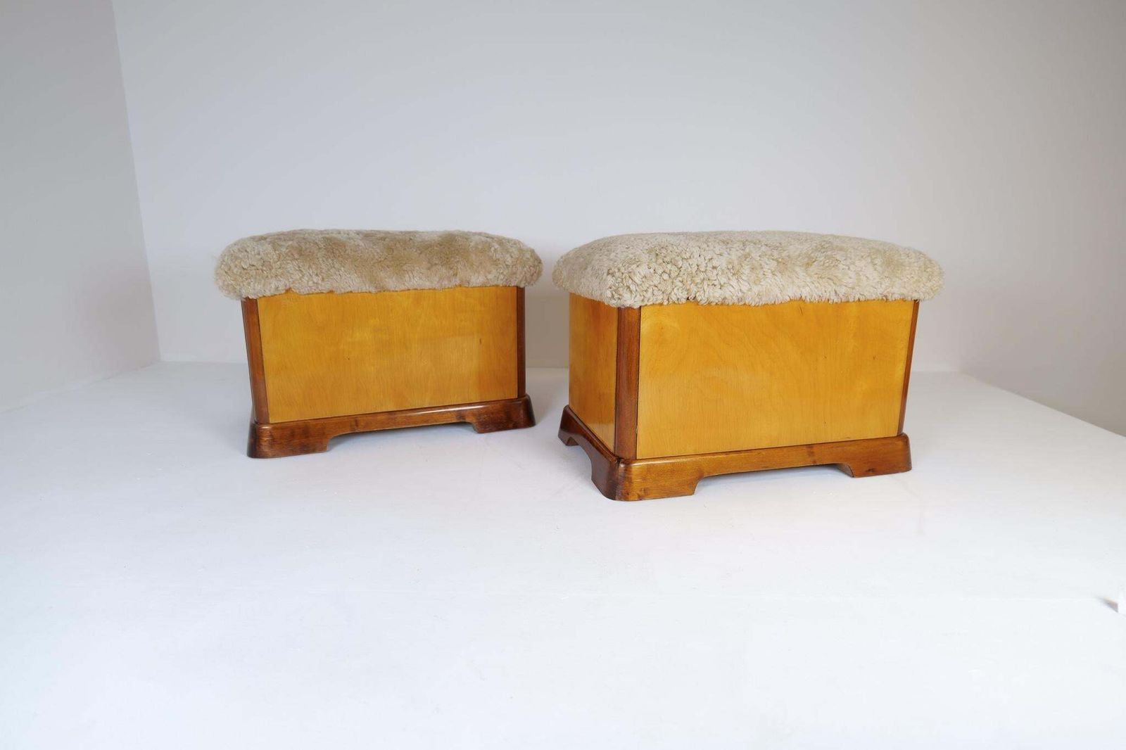 Swedish Art Deco Stools In Lacquered Birch And Sheepskin/Shearling Seat 1940s photo for sale