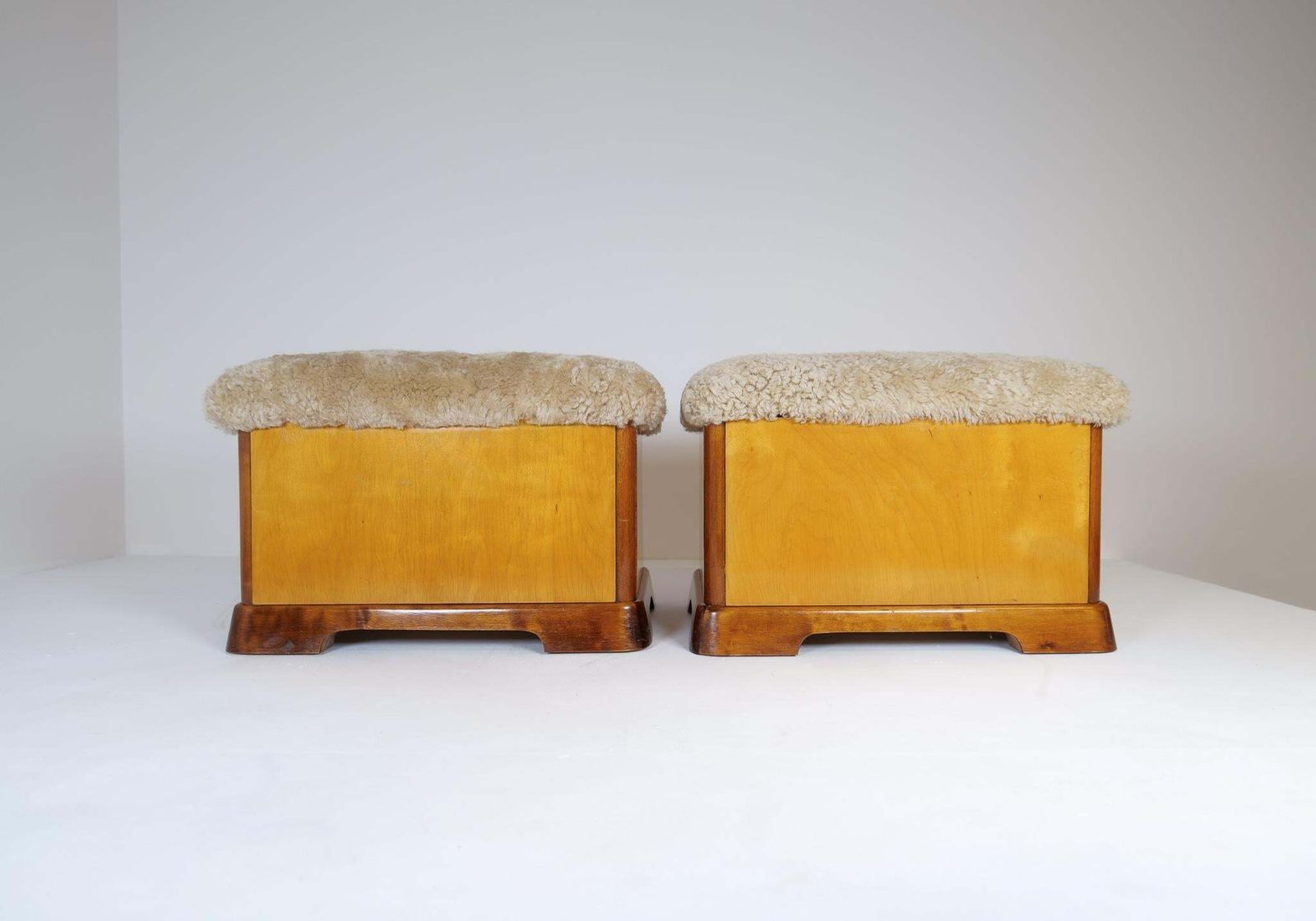 Swedish Art Deco Stools In Lacquered Birch And Sheepskin/Shearling Seat 1940s photo vinterior