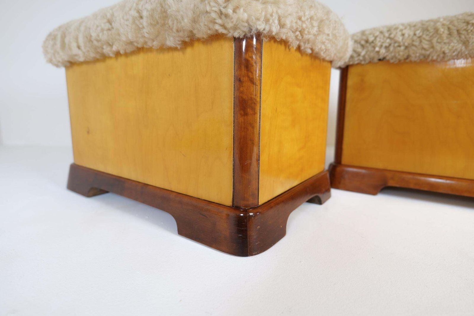 photo vinterior Swedish Art Deco Stools In Lacquered Birch And Sheepskin/Shearling Seat 1940s