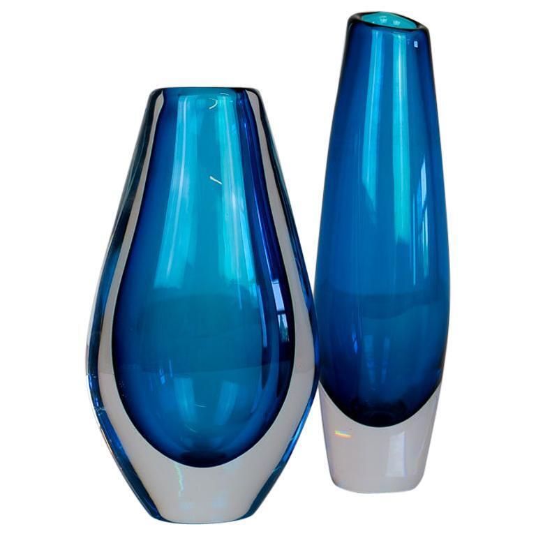 Midcentury Modern Pair Of Sven Palmqvist Orrefors Heavy Crystal Vases Clear Blue
