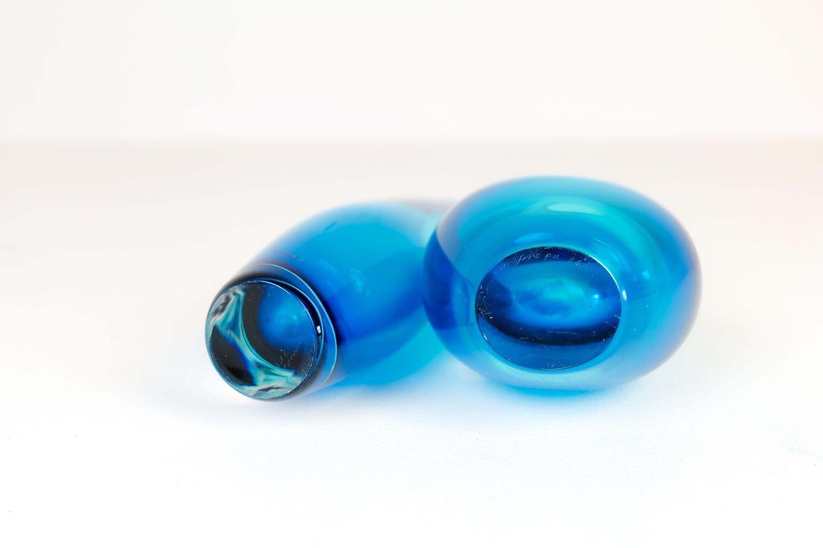 photo for sale Midcentury Modern Pair Of Sven Palmqvist Orrefors Heavy Crystal Vases Clear Blue