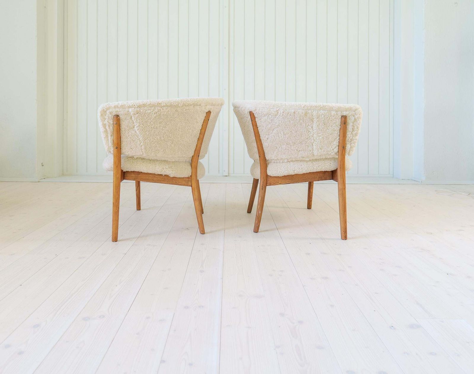 Mid Century Lounge Chairs In Sheepskin/Shearling And Stained Wood, Sweden, 1962 photo Furniture