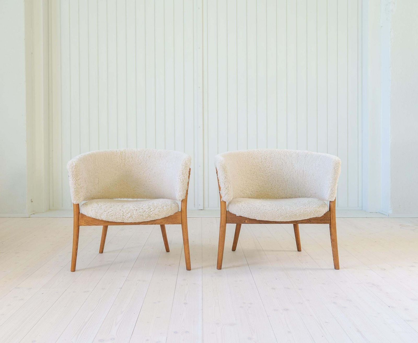9405.0 Mid Century Lounge Chairs In Sheepskin/Shearling And Stained Wood, Sweden, 1962 photo