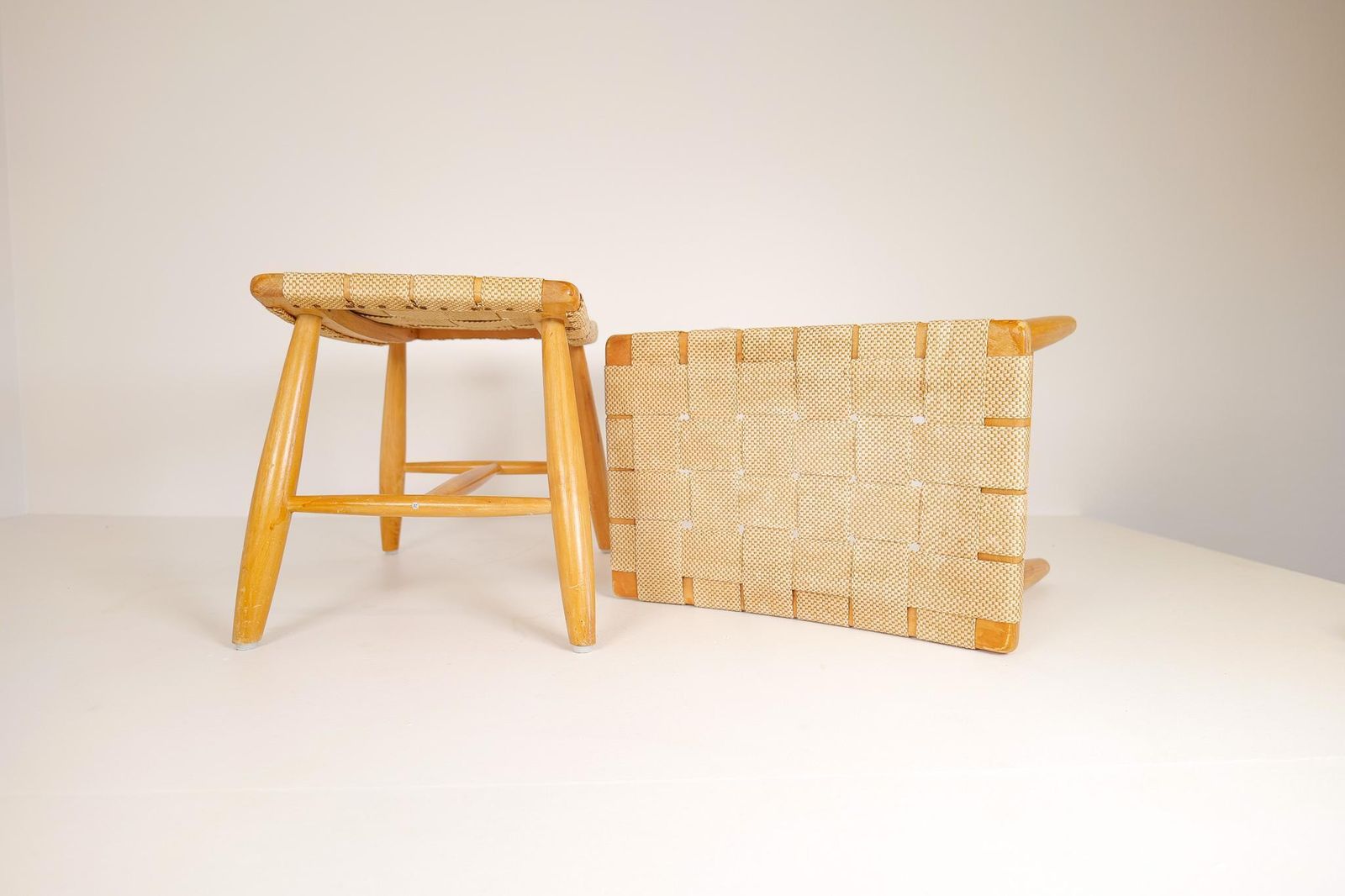 Midcentury Pair Of Swedish Stools In Lacquered Birch, 1960s photo vintage