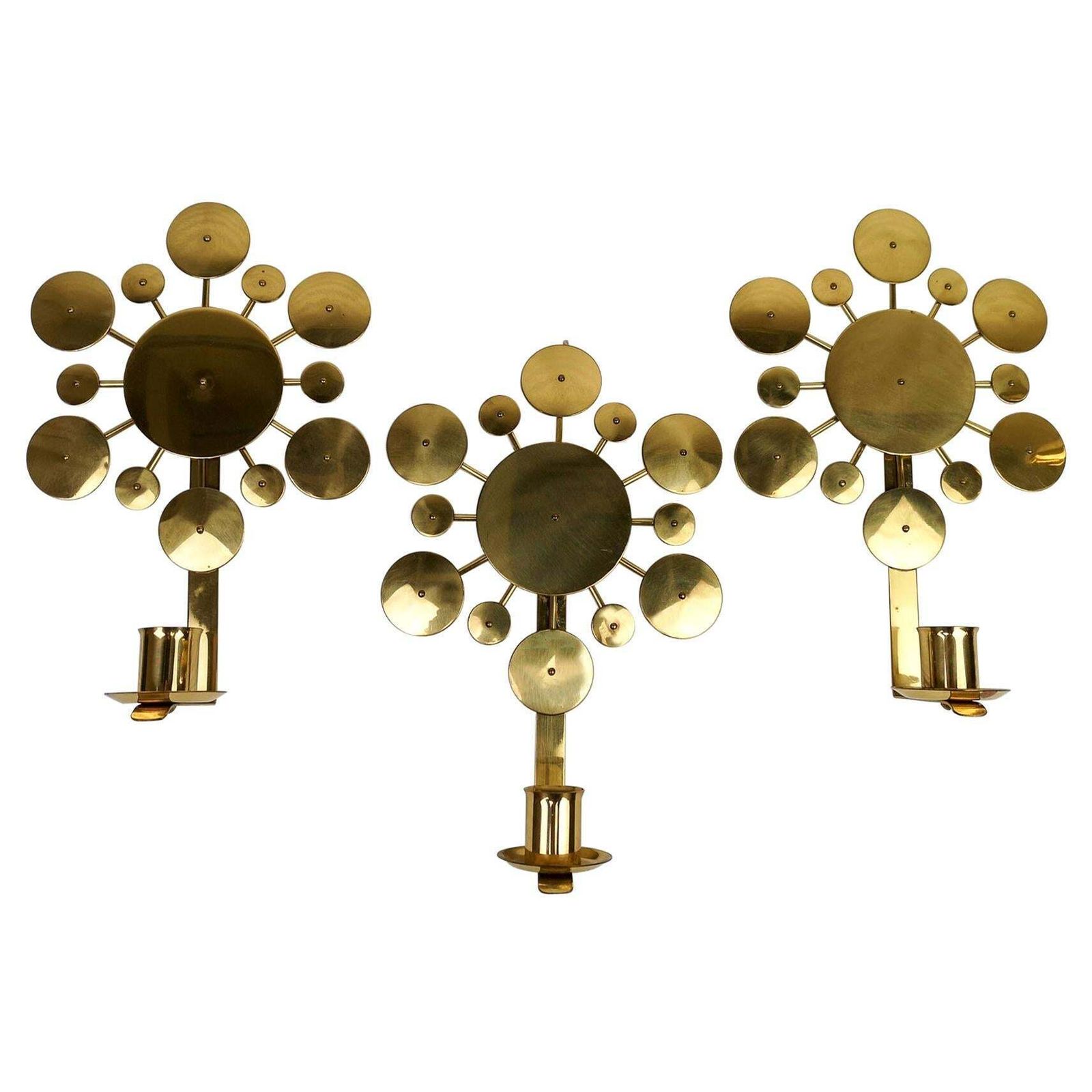 Set Of 3 Brass Wall Candlesticks "Sunburst" Holmström, Arvika, Sweden, 1960s
