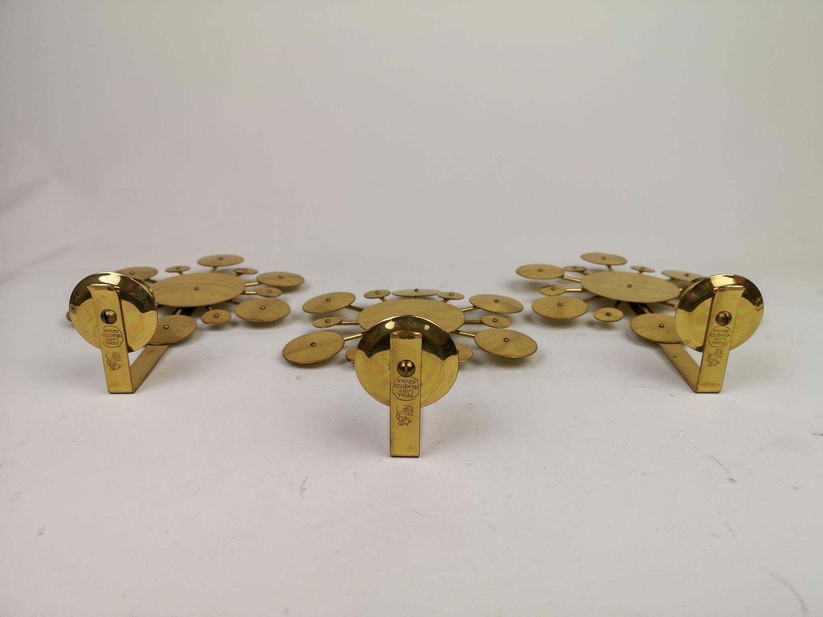 Set Of 3 Brass Wall Candlesticks "Sunburst" Holmström, Arvika, Sweden, 1960s photo for sale