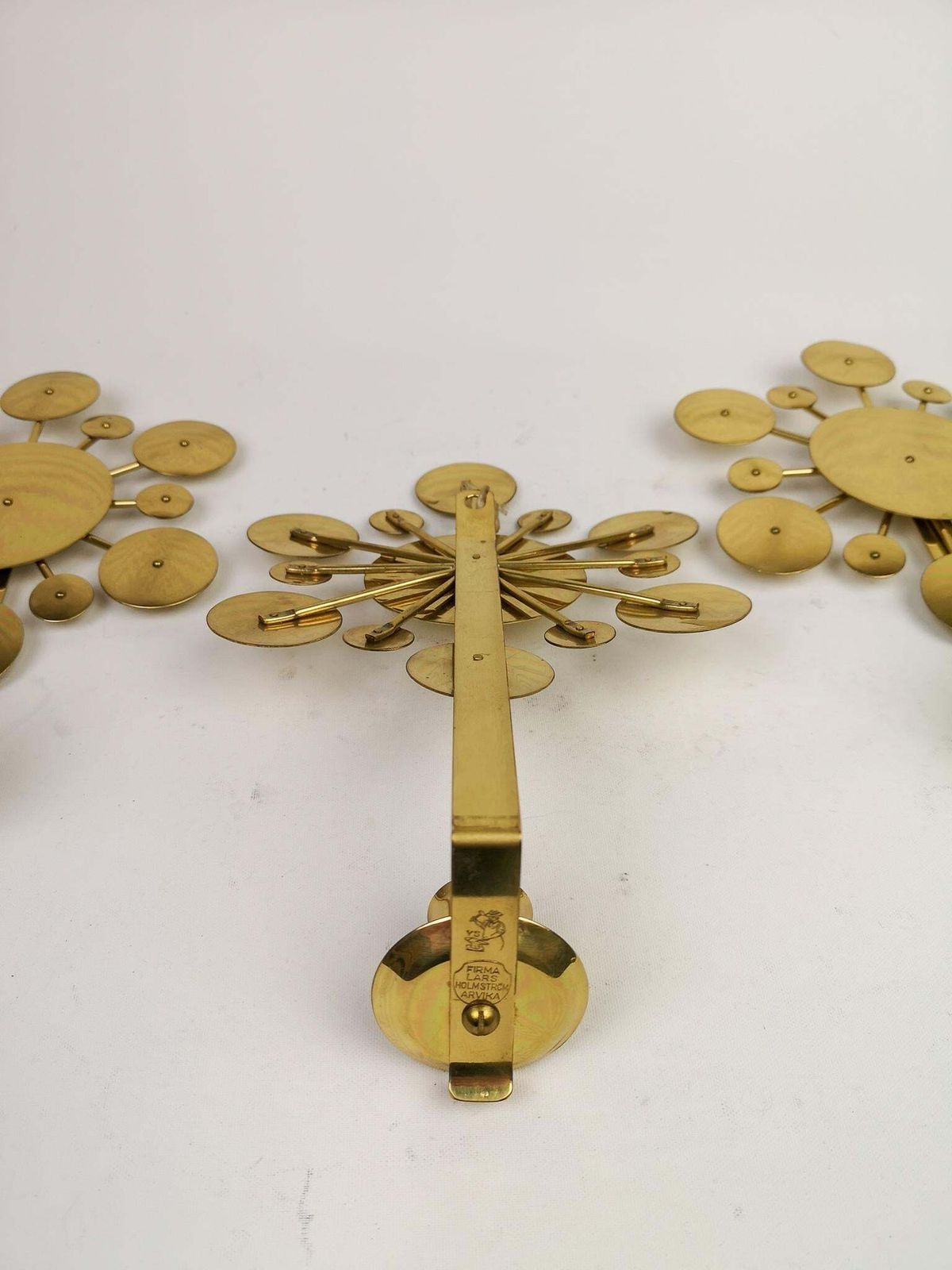 Set Of 3 Brass Wall Candlesticks "Sunburst" Holmström, Arvika, Sweden, 1960s photo 1881.0