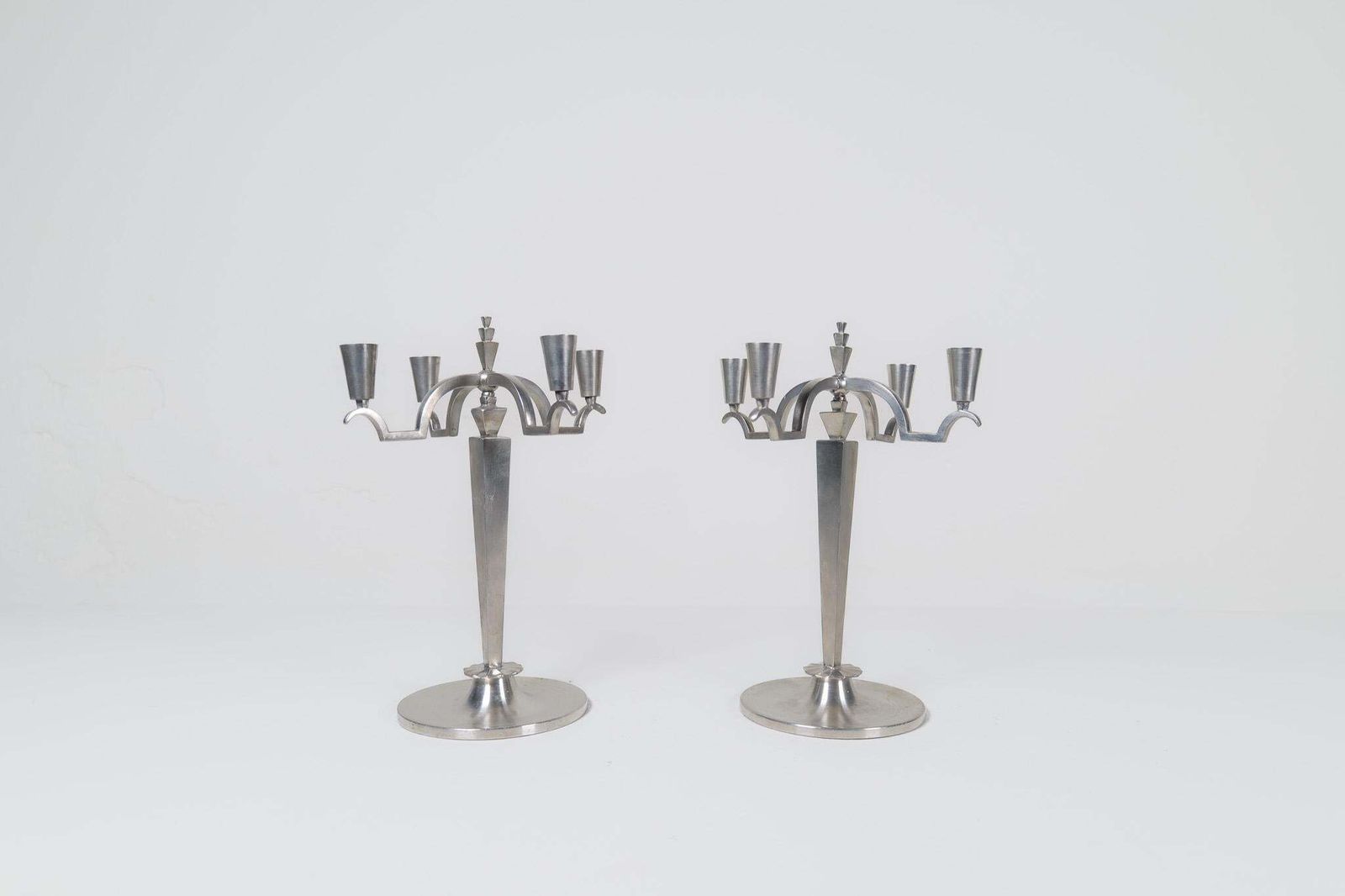 Art Deco Sculptural Set Of Candelabras In Pewter, Sweden, 1940s photo vintage