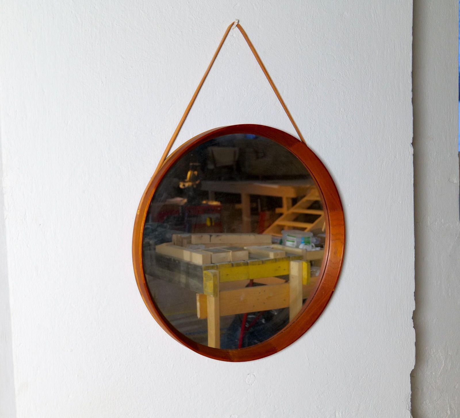 Midcentury Modern Round Mirror In Leather & Teak By Glas & Trä Hovmantorp Sweden photo for sale