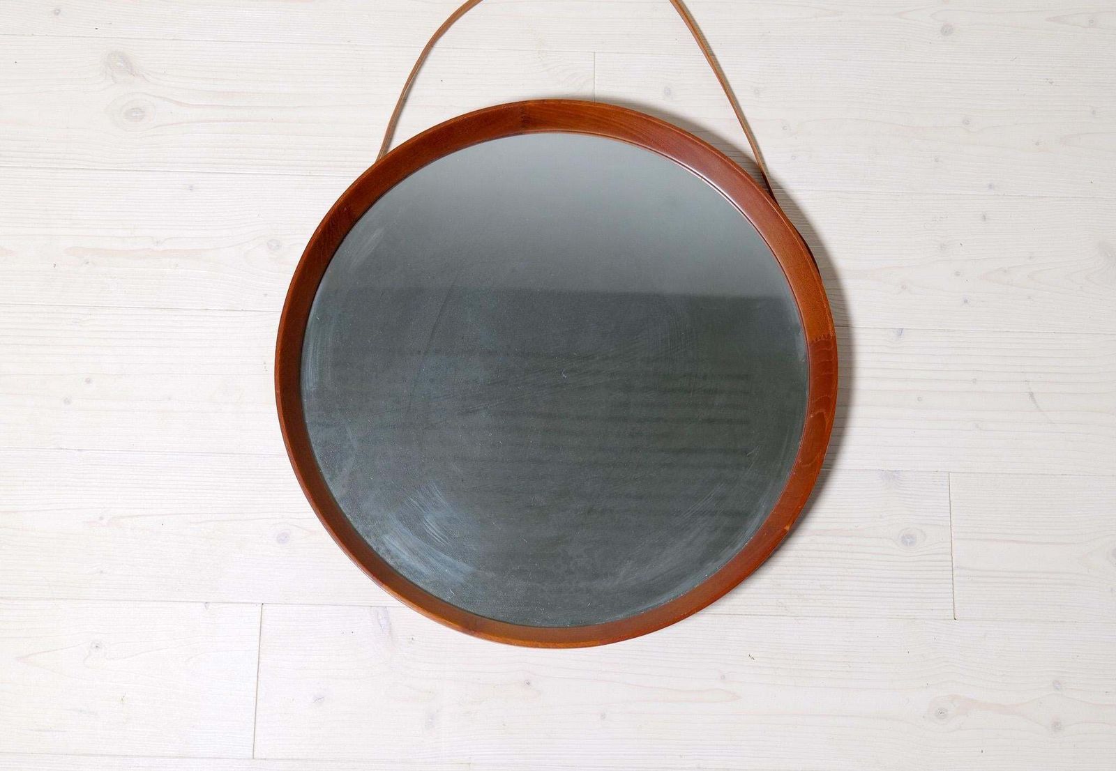 Midcentury Modern Round Mirror In Leather & Teak By Glas & Trä Hovmantorp Sweden photo vintage