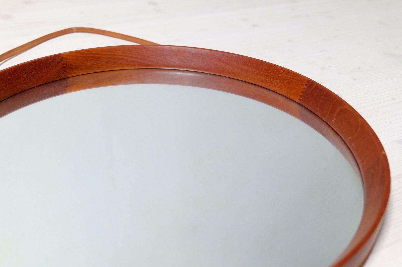 photo furniture Midcentury Modern Round Mirror In Leather & Teak By Glas & Trä Hovmantorp Sweden